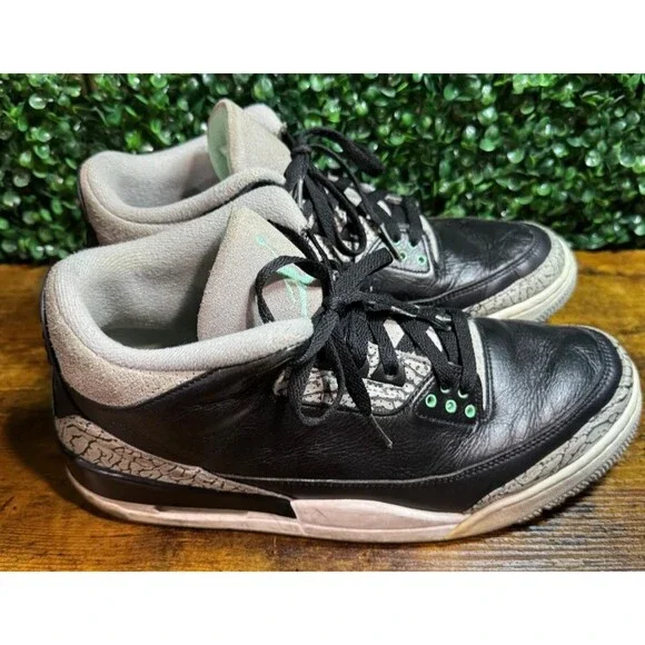 Air Jordan 3 Retro  Black/Green Glow- Wolf Grey Leather Sneakers, Sz. 11