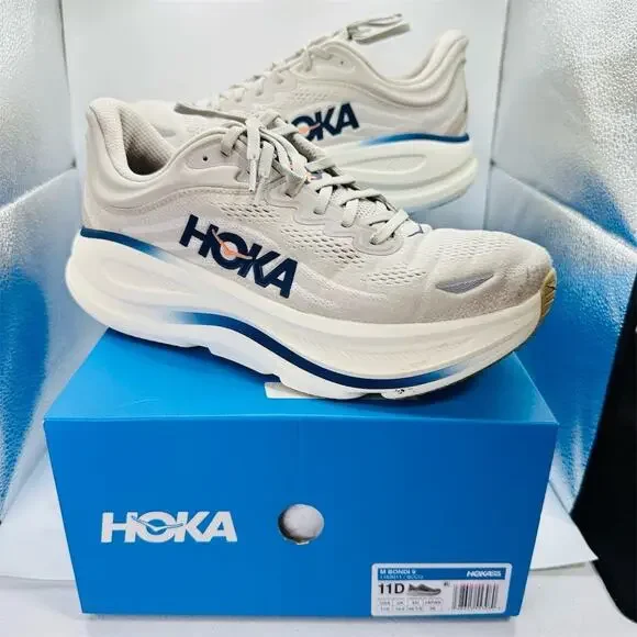 HOKA Bondi 9 Men's Running Shoes 'Stucco/Grout' White/Blue Size 11 D With Box