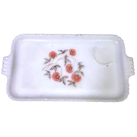 Vintage White Milk Glass Vanity Tray Pink Floral Design‎ Rectangular 11.5