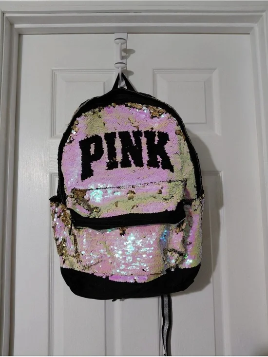 PINK Victoria's Secret Iridescent Sequin Backpack with Black Trim