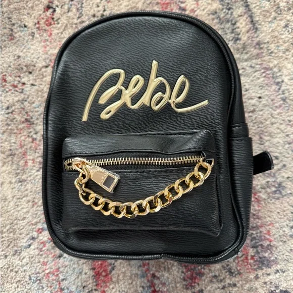Bebe Mini Black and Gold Backpack with Chain Detail NWT