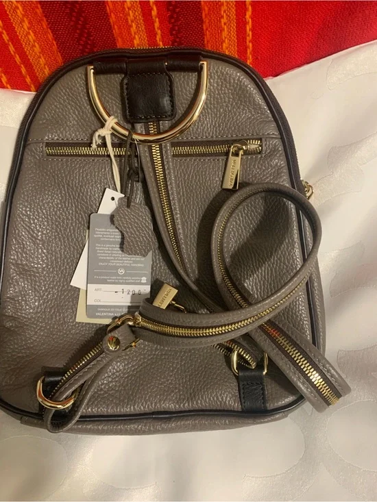 New Valentina Taupe Pebbled Leather Mini Backpack with Gold Hardware