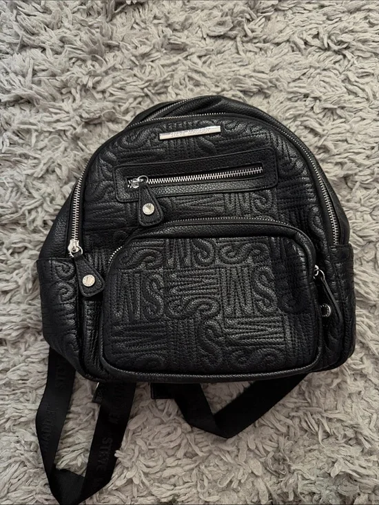 Steve Madden Black Embossed Logo Backpack