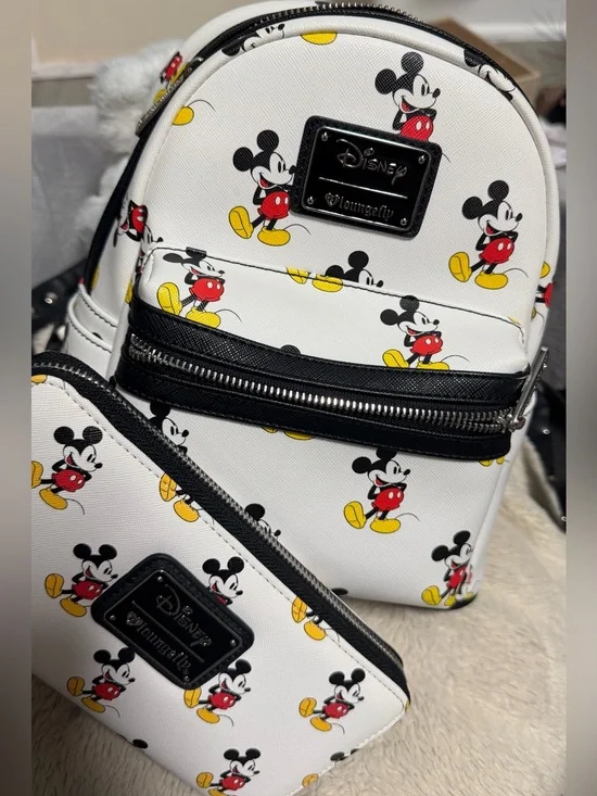 Loungefly White Mickey Mouse Mini Backpack with matching wallet