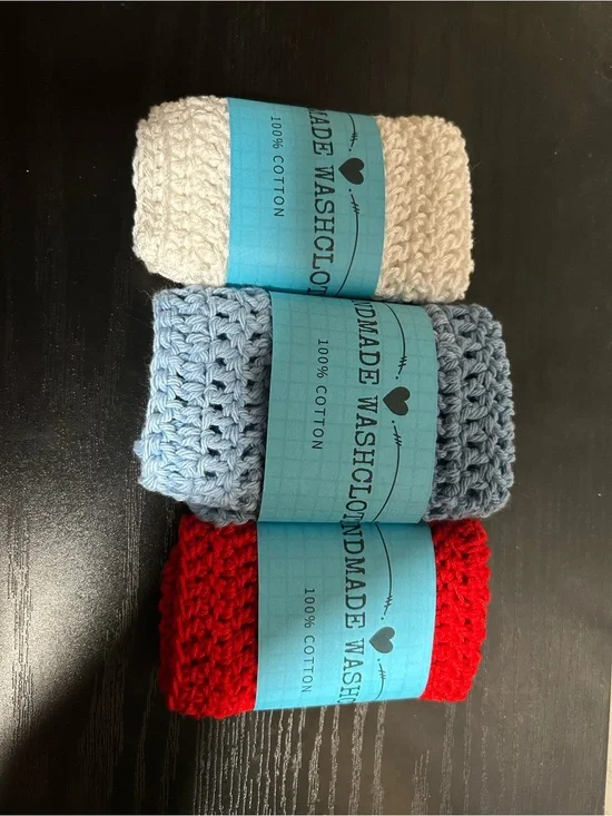 Handmade Cotton Washcloth Set - Red, Light Blue, Cream