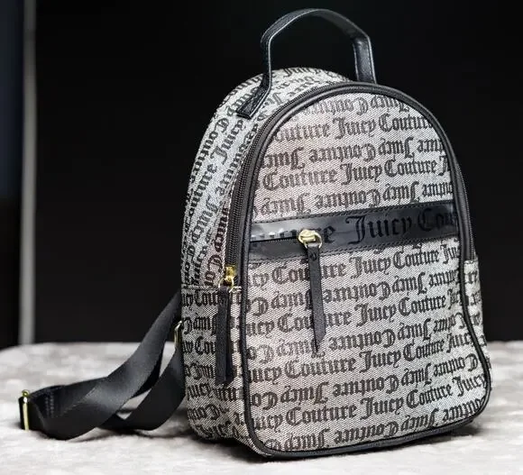 Juicy Couture Black Gray Logo Goth Our Zip Says it All Backpack Gold Hardware
