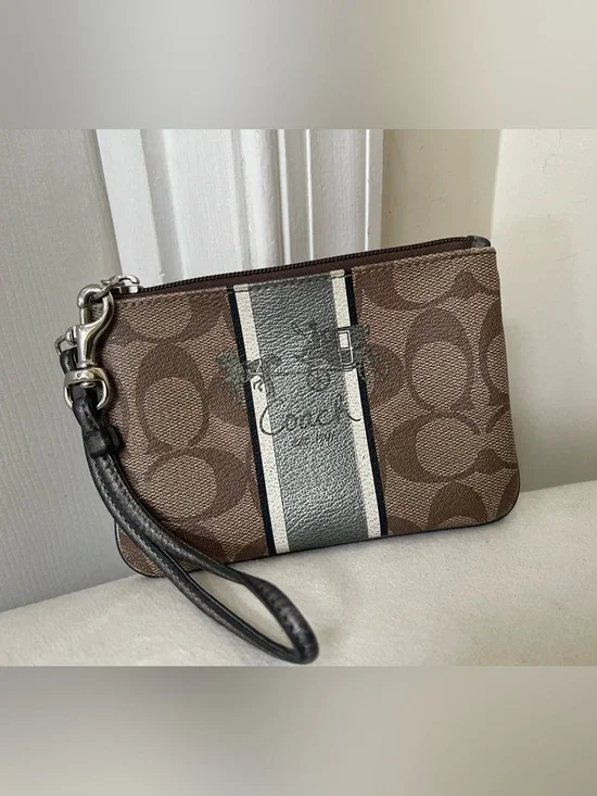 Coach Brown Signature Stripe Wristlet with Black and Cream Center Stripe