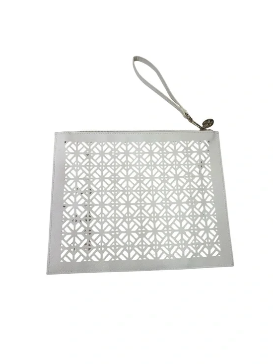 Tory Burch White Laser-Cut Geometric Wristlet Clutch Pouch Gold Hardware