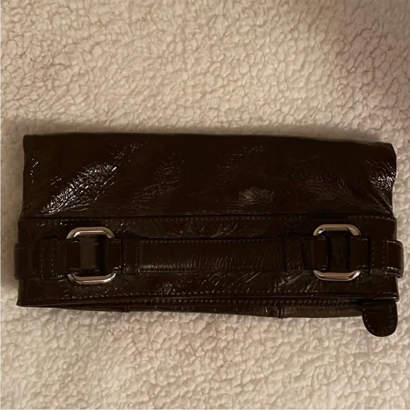 Club Monaco Patent Leather Clutch Fold-Over  Zip Purse Dark Brown