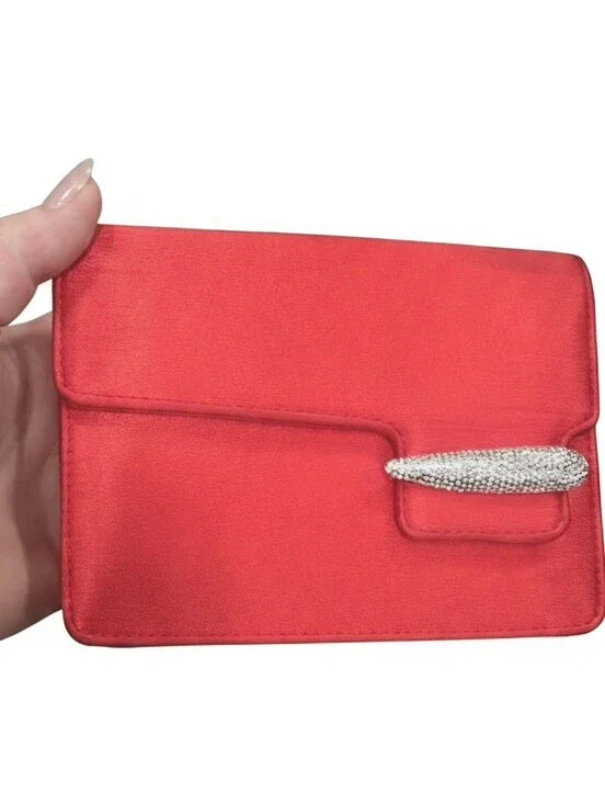 Swarovski Red Satin Evening Clutch Purse Featuring Pave Crystal 6x4.5x1.25