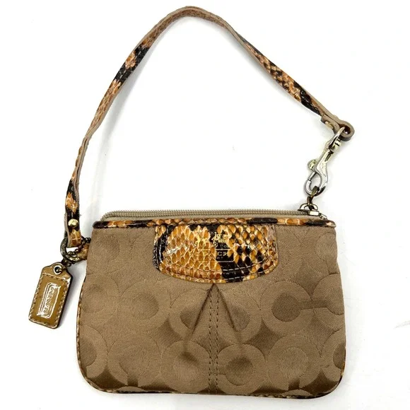 Coach Madison Signature Wristlet Snakeskin Accents Beige Hangtag Vintage