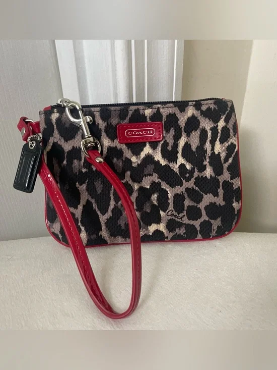 Coach Leopard Print Wristlet with Red Trim and Strap