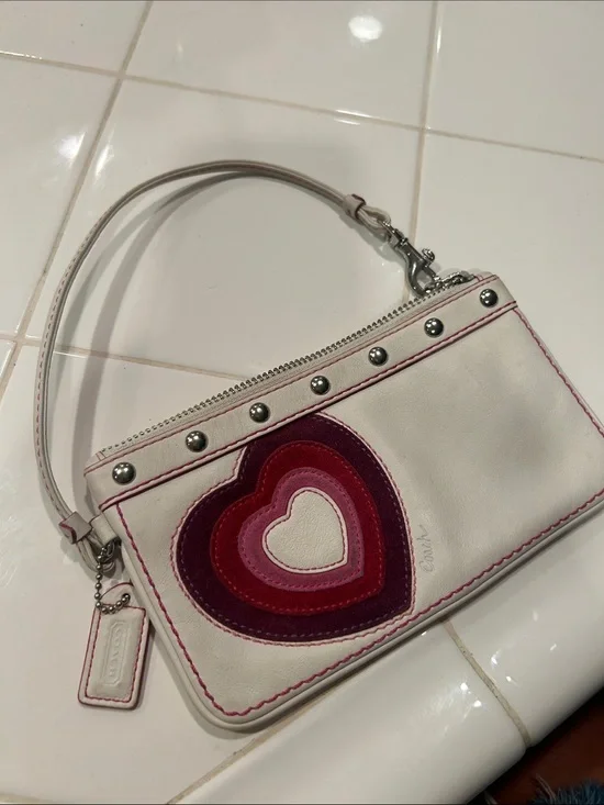 Coach White Leather Wristlet with Layered Pink & Red Heart