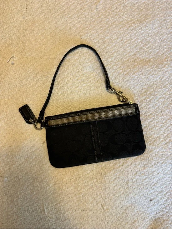 Coach Black Signature Wristlet with Metallic Accent