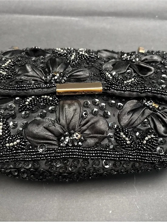Zara Black Beaded Floral Evening Clutch