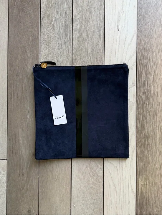CLARE V. Greta Navy Suede Foldable Clutch Bag