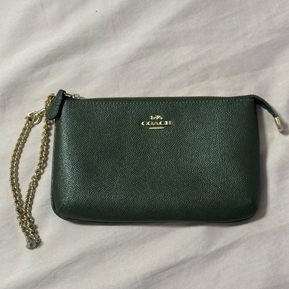 Coach Dark Green Leather Wristlet with Gold Chain Strap