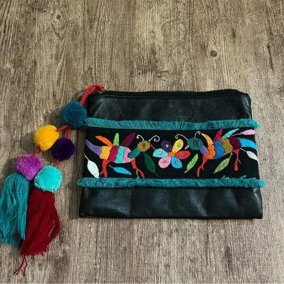 Leather Embroidered Zipper Clutch with Pom Pom Tassel
