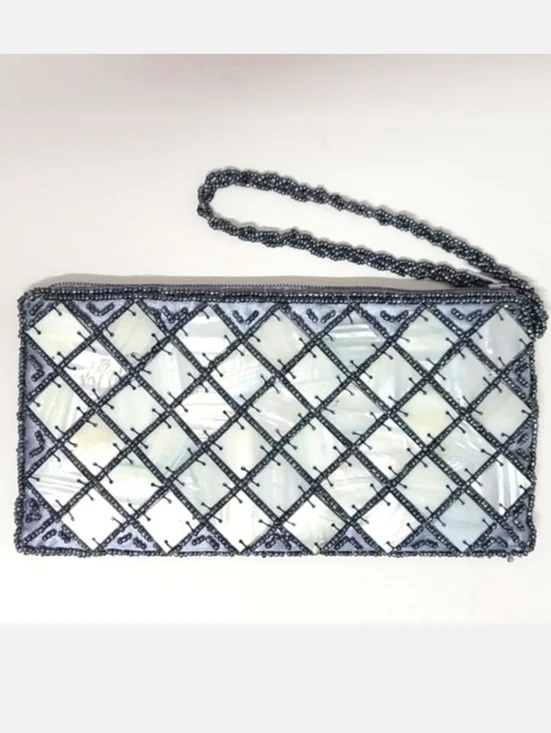 MAD BAGS Spun Silk Zip Top Wristlet With Mother-of-Pearl/Beaded Accents