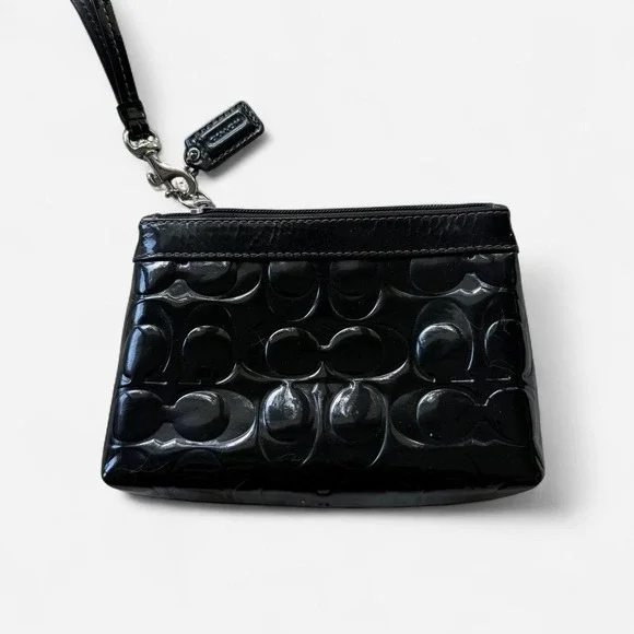 Coach Black Patent Signature Wristlet Pouch, Embossed Logo Zip Clutch