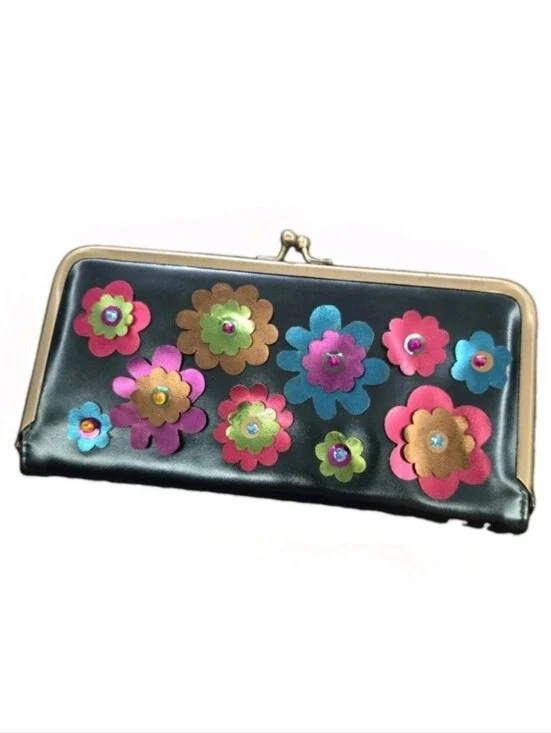 Natural Life Metallic Blue Floral Appliqué Kisslock Wallet Clutch Pink Liner