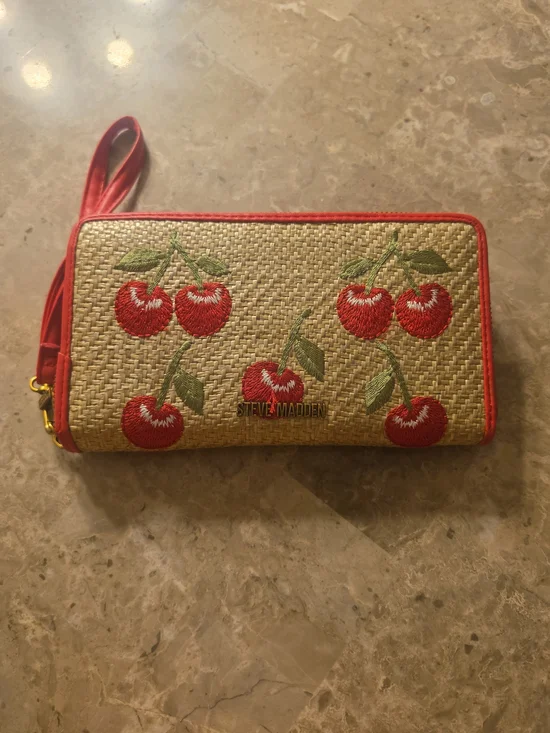 Steve Madden Red Cherry Straw Wristlet Clutch