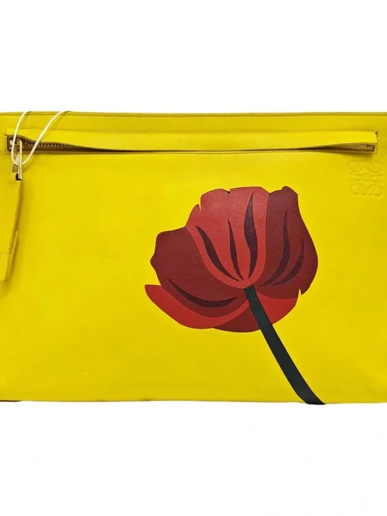 Loewe Pouch Yellow Leather Clutch with Red Floral Graphic