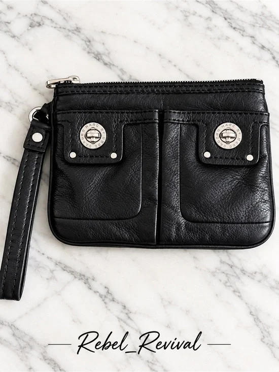 Marc by Marc Jacobs Percy Black Leather Wristlet Clutch Silver Hardware Y2K