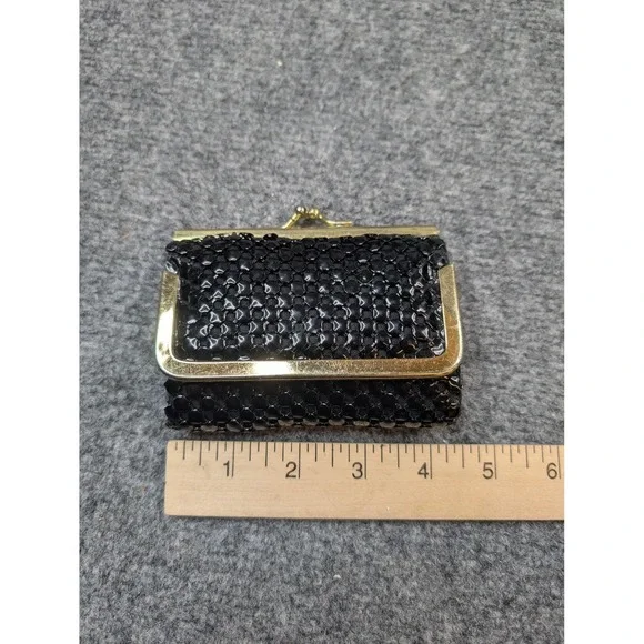 Coin Wallet Womens One Size Black Beaded Sequin‎ Satin Wristlet Folding