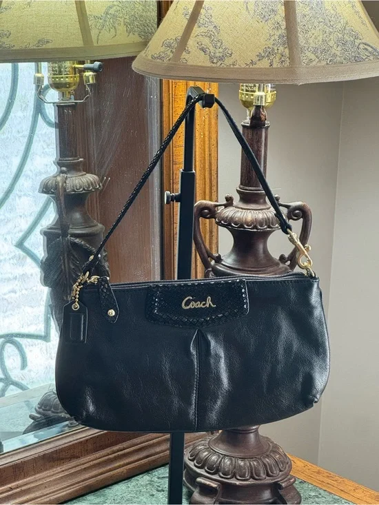 Coach Black Leather Wristlet Clutch with Python Trim