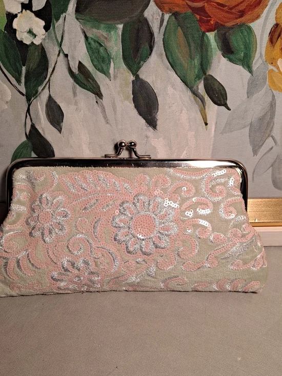 Daughters Of The American Revolution Vintage Sequin Floral Pink Green Silver Bag
