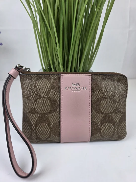 COACH Signature Pink Brown Canvas Wristlet Wallet Bag