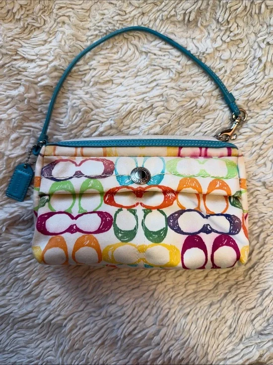 Vintage Coach Poppy Scribble  Wristlet/Clutch~Aqua Leather/Soft Canvas