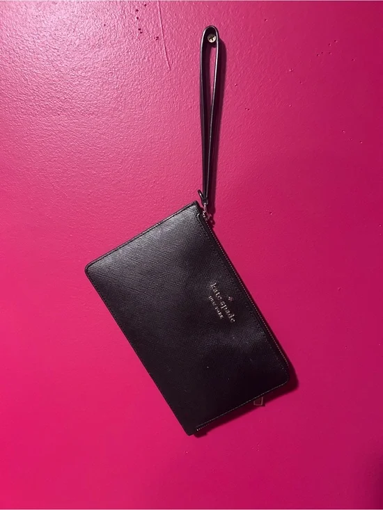 kate spade black leather wristlet clutch with gold logo