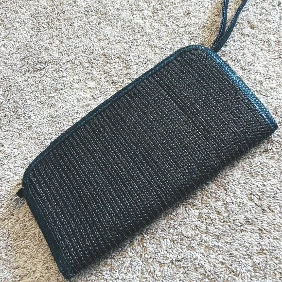 Vintage Black Woven Straw Wristlet Clutch Bag Large Zipper Pouch