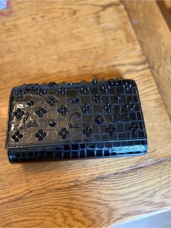 Christian Louboutin Black Patent Croc-Embossed Studded Wallet on chain 3 way bag