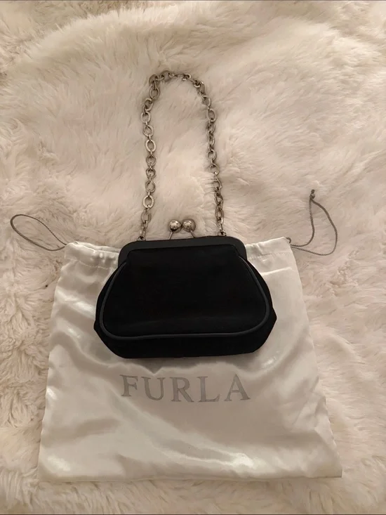 Furla Black Velvet Evening Clutch with Silver Chain