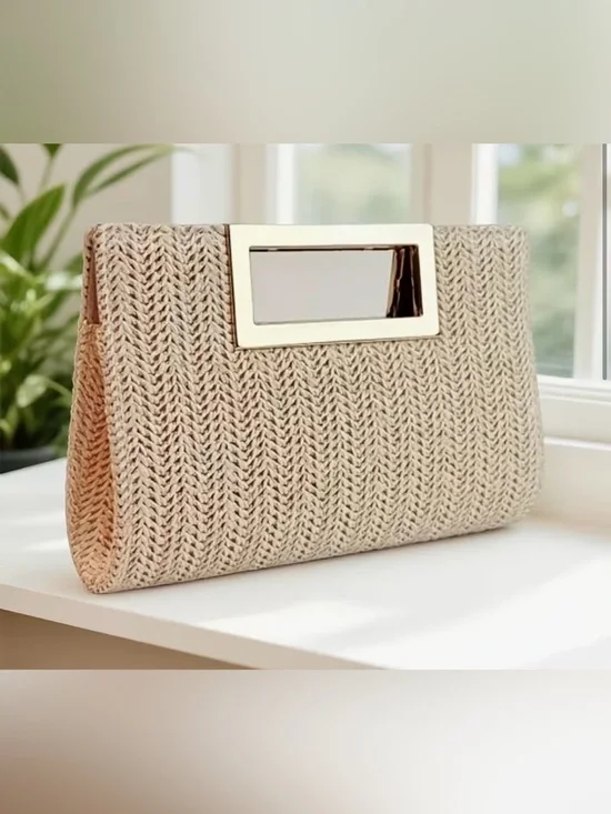 Woven Beige Handheld Clutch with Gold Accent