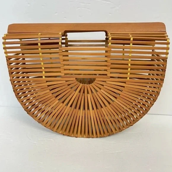 NWOT Bamboo Basket Handbag Natural Tan Woven Purse Summer Tote