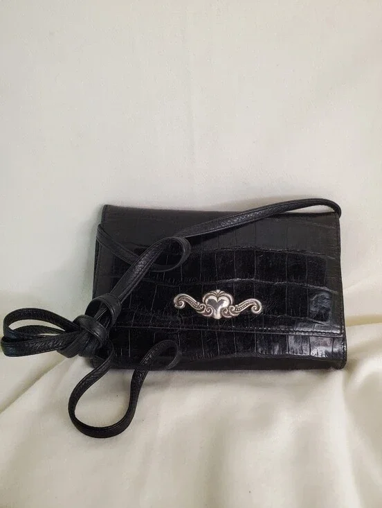Brighton Black Croc Embossed Crossbody Bag with Heart Detail