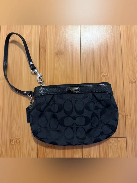 Coach Black Signature Canvas Wristlet with Leather Trim