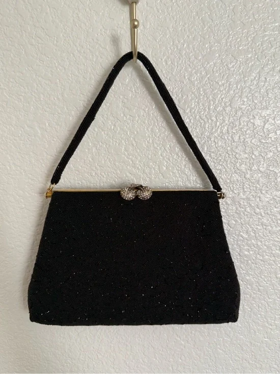 Vtg Black Beaded Evening Clutch with Crystal Knot Clasp