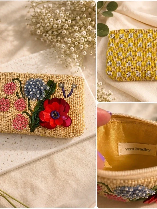 Vera Bradley Yellow Beaded Floral Appliqué Wristlet Pouch