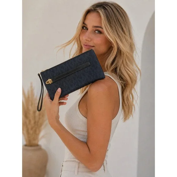 Michael Kors Wristlet Navy Blue MK Monogram Coated Canvas Gold Hardware #1420
