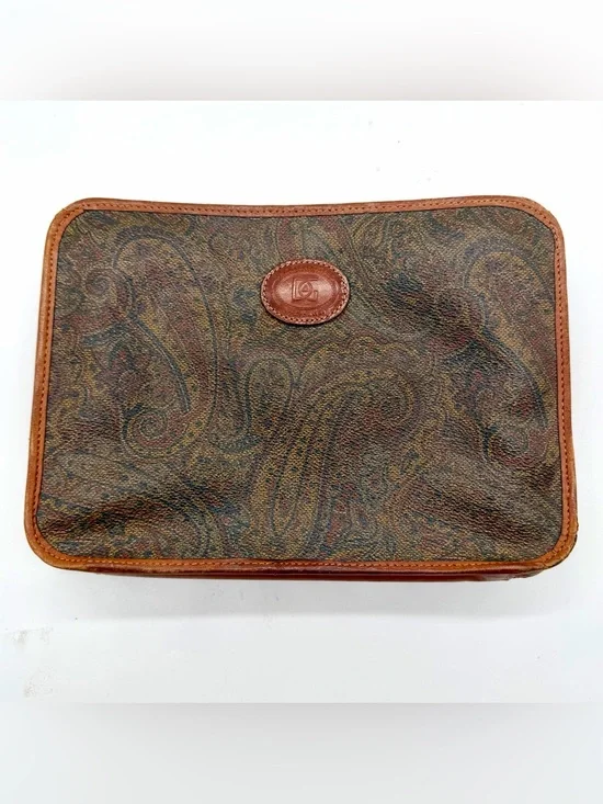 Vintage Angiolo Del Gobbo Paisley Leather Clutch Bag Firenze Italy Unisex Tuscan