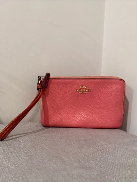 Coach Pink and Peach Two Tone Pebbled Leather Wristlet with Tan Strap