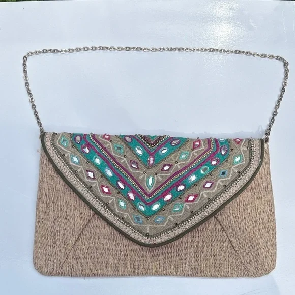 Vintage Chicos Jerri Clutch Embroidered Tan Bag NWOT