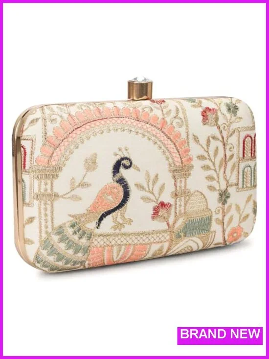 Handcrafted Silk Evening Clutch with Gold-Tone Frame & Crystal Clasp