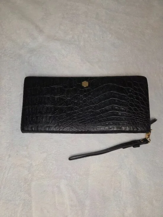Lodis Black Croc Embossed Leather Zip Around Wristlet Wallet