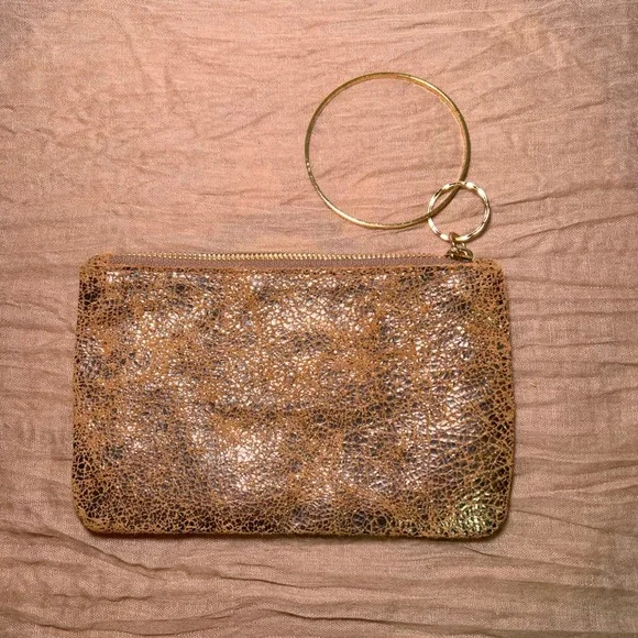 Rebecca Norman California Metallic Bronze Cracked Leather Bangle Clutch Wristlet